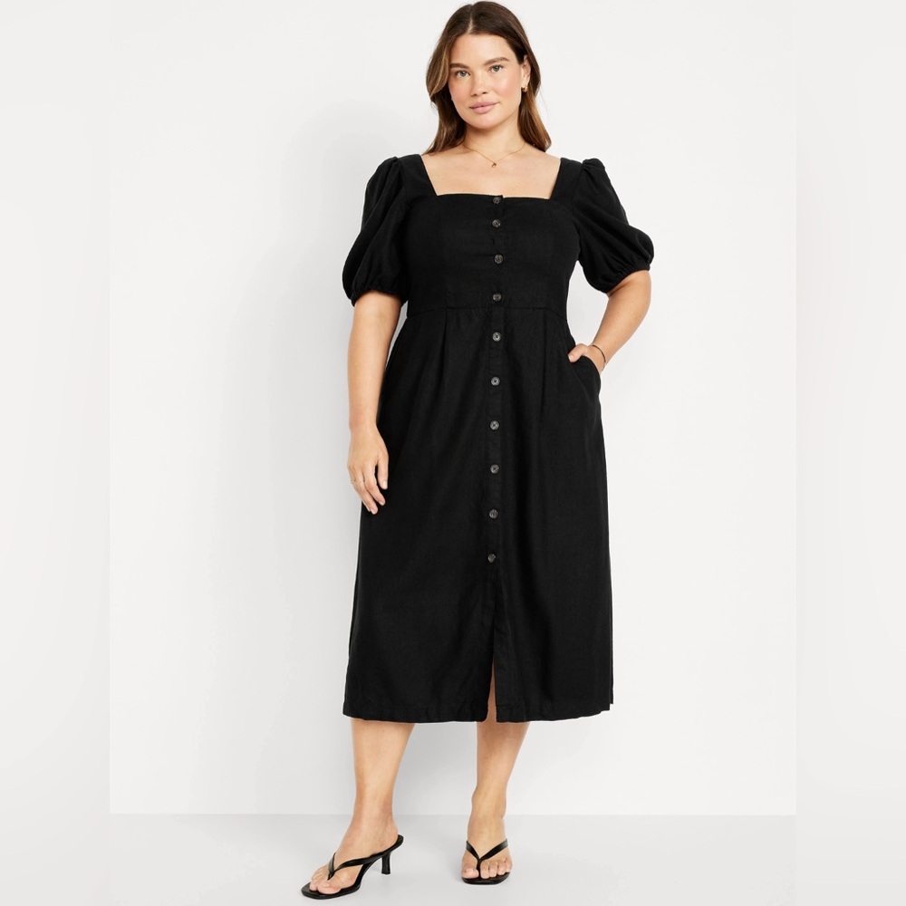NWOT Old Navy Black Midi Puff Sleeve Dress - Picture 6 of 10